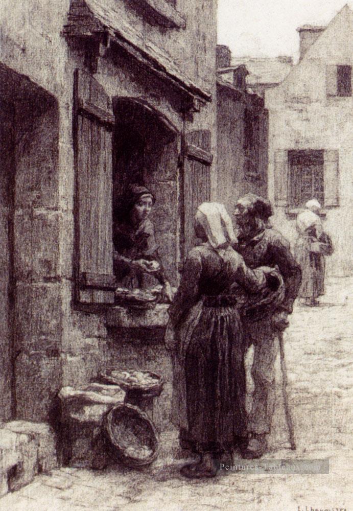 Paysans bretons achetant des fruits chez Landerneau scènes rurales paysan Léon Augustin Lhermitte Peintures à l'huile